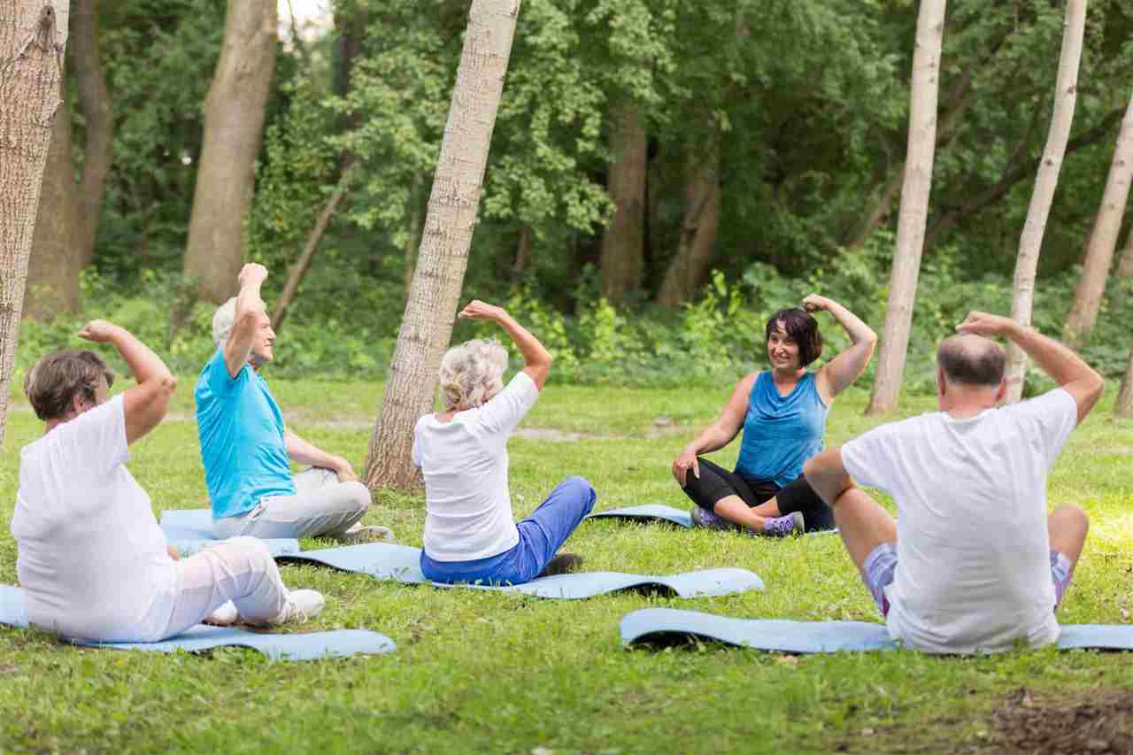 Activo,abuelos,haciendo ejercicio,con,instructor,en,el,jardín,en,jubilación