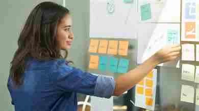 Una mujer mirando una pared cubierta de post-its.