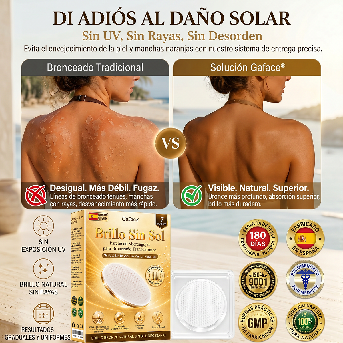 🌞🍑Gaface®| Consigue un bronceado natural y radiante sin sol con nuestra tecnología transdérmica.